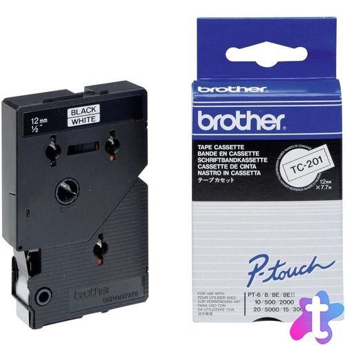 Brother P-touch TC-201 laminált P-touch szalag (12mm) Black on White 7,7m címkenyomtató szalag