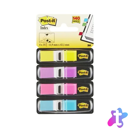 Jelölőcímke, műanyag, 4x35 lap, 12x43 mm, 3M POSTIT, élénk vegyes