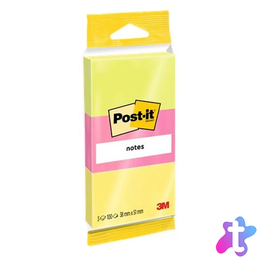 Öntapadó jegyzettömb, 38x51 mm, 3x100 lap, 3M POSTIT, neon színek