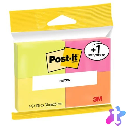 Öntapadó jegyzettömb, 38x51 mm, 4x100 lap, 3M POSTIT, "Neon"