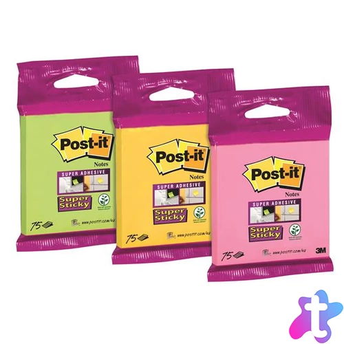 Öntapadó jegyzettömb, 76×76 mm, 75 lap, 3M POSTIT "Super Sticky", vegyes