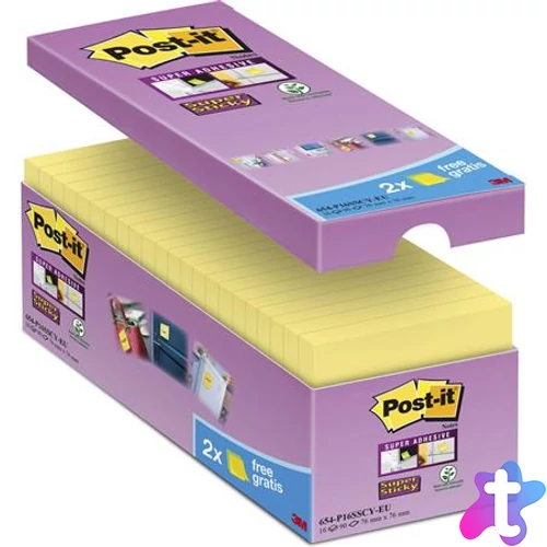 Öntapadó jegyzettömb csomag, 76x76 mm, 16x90 lap, 3M POSTIT "Super Sticky", kanárisárga