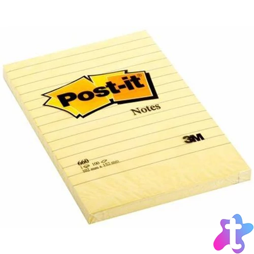 Öntapadó jegyzettömb, 102x152 mm, 100 lap, vonalas, 3M POSTIT, sárga