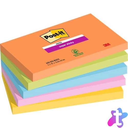 Öntapadó jegyzettömb, 76x127 mm, 5x90 lap, 3M POSTIT "Super Sticky Boots", vegyes színek