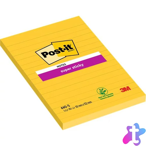 Öntapadó jegyzettömb, 102x152 mm, 90 lap, vonalas, 3M POSTIT "Super Sticky", sárga