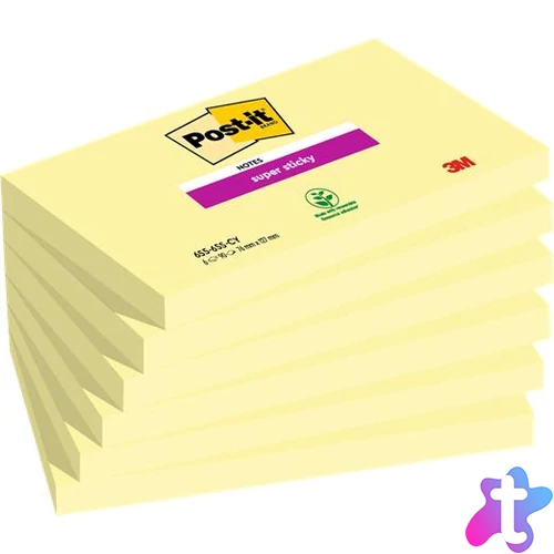 Öntapadó jegyzettömb csomag, 76x127 mm, 6x90 lap, 3M POSTIT "Super Sticky", kanári sárga