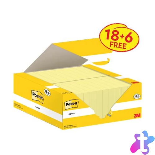 Öntapadó jegyzettömb, 38x51 mm, 18+6x100 lap, 3M POSTIT, kanári sárga