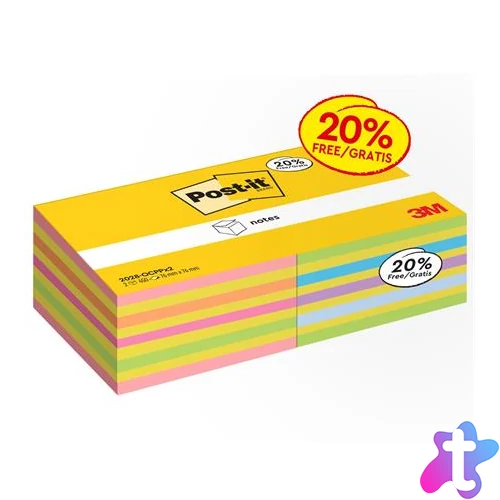 Öntapadó jegyzettömb, 76x76 mm, 2x450 lap, 3M POSTIT,  vegyes színek