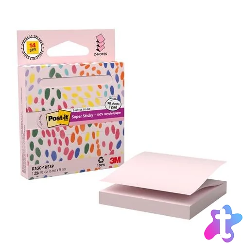 Öntapadó jegyzettömb, "Z", adagolóval, 76x76 mm, 90 lap, 3M POSTIT "Super Sticky", pasztell rózsaszín
