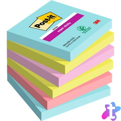 Öntapadó jegyzettömb, 76x76 mm, 6x90 lap, 3M POSTIT "Super Sticky", "Cosmic", vegyes színek