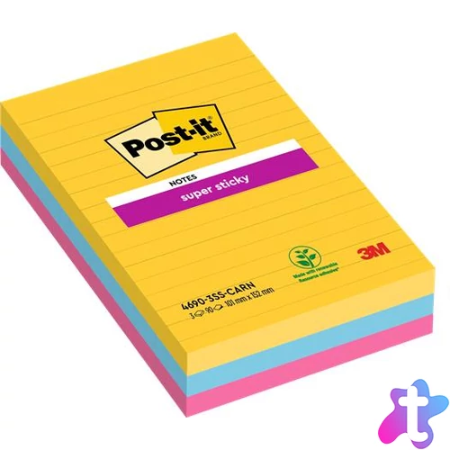Öntapadó jegyzettömb, vonalas, 3x90 lap, 101x152 mm, 3M POSTIT "Super Sticky", "Carnival", vegyes színek