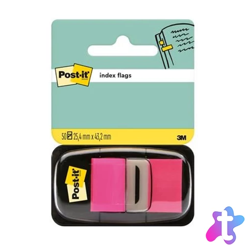 Jelölőcímke, műanyag, 50 lap, 25,4x43,2 mm, 3M POSTIT, rózsaszín