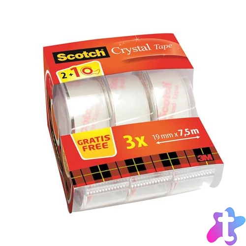 Ragasztószalag adagolón, kézi, 19 mm x 7,5 m, 3M SCOTCH "Crystal", 2+1 akció