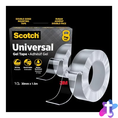 Ragasztószalag, kétoldalas, erős, 30 mm x 1,5 m, 3M SCOTCH "Universal Gel", átlátszó