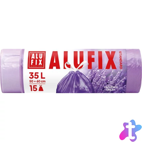 Szemeteszsák, zárószalagos, 35 l, 15 db, 50x60 cm, 15 µ, ALUFIX, levendula