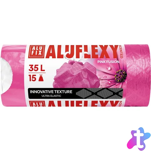 Szemeteszsák, zárószalagos, LDPE, illatosított, 35 l, 15 db, 53x53 cm, 20 µ, ALUFIX "Aluflexy", rózsaszín