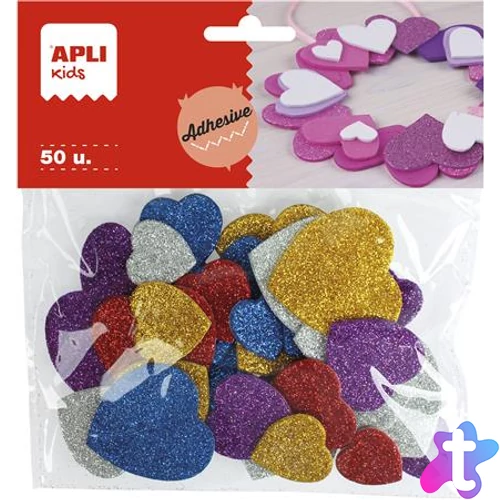 Moosgumi, öntapadó, glitteres, szívek, APLI Kids "Eva Sheets", vegyes színek