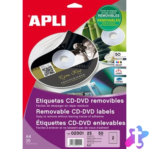 Etikett, CD/DVD, A4, matt, eltávolítható, APLI