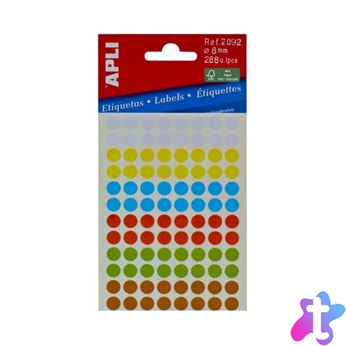 Etikett, 8 mm, kör, kézzel írható, színes, APLI, vegyes színek, 288 etikett/csomag