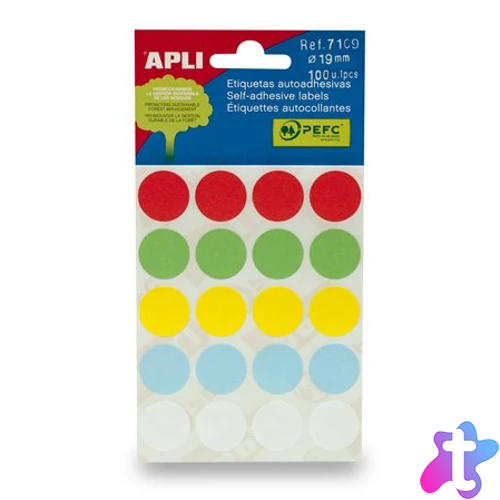 Etikett, 19 mm kör, kézzel írható, színes, APLI, vegyes színek, 100 etikett/csomag