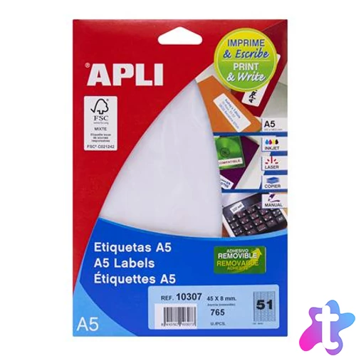 Etikett, 45x8 mm, eltávolítható, ékszerekhez, A5 hordozón, APLI, 765 etikett/csomag