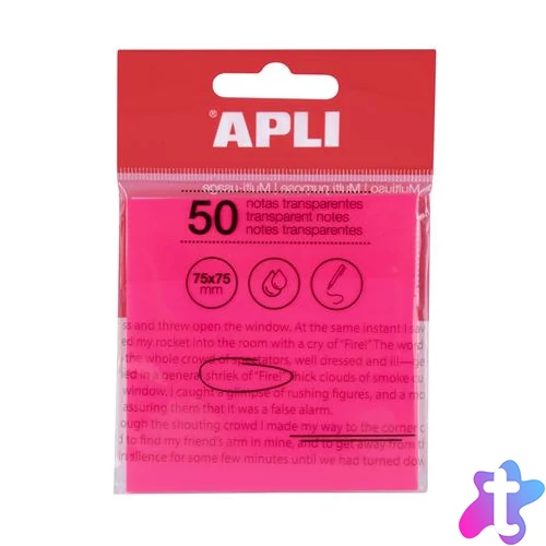 Öntapadó jegyzettömb, átlátszó, vízálló, 75x75 mm, 50 lap, APLI, rózsaszín