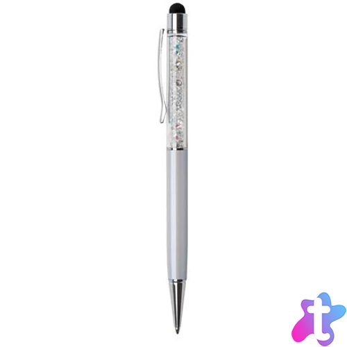 Golyóstoll, krémfehér, felül színjátszós fehér SWAROVSKI® kristállyal töltve, érintővel, 14 cm, ART CRYSTELLA®