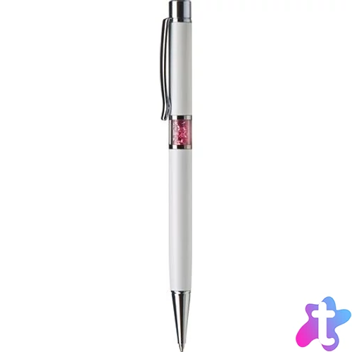 Golyóstoll, fehér, középen rózsaszín SWAROVSKI® kristállyal töltve, 14cm, ART CRYSTELLA®