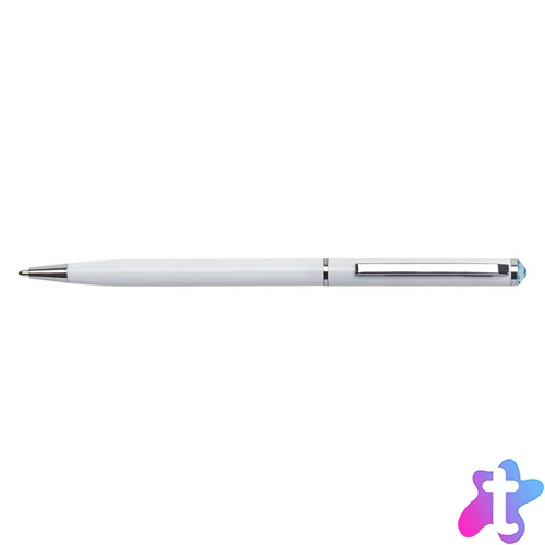 Golyóstoll, fehér "SLIM", aquakék SWAROVSKI® kristállyal, 13 cm, ART CRYSTELLA®