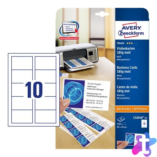 Névjegykártya, 85x54 mm, 185 g, mikroperforált, AVERY ZWECKFORM, 250 db/csomag