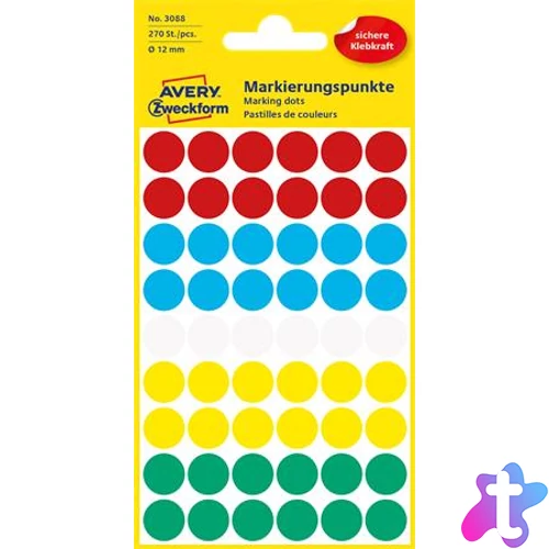 Etikett, 12 mm, kör, AVERY ZWECKFORM, 5 különböző szín, 270 etikett/csomag