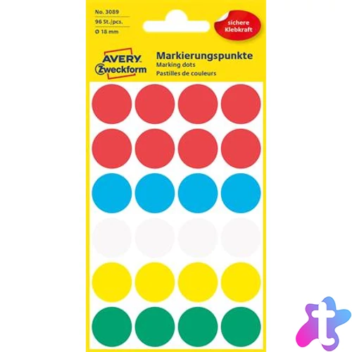 Etikett, 18 mm, kör, AVERY ZWECKFORM, 5 különböző szín, 96 etikett/csomag