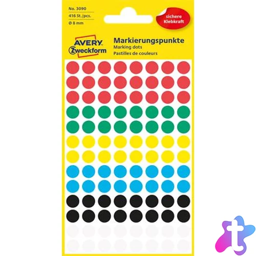 Etikett, 8 mm, kör, AVERY ZWECKFORM, 5 különböző szín, 416 etikett/csomag
