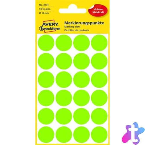 Etikett, 18 mm, kör, AVERY ZWECKFORM, neon zöld, 96 etikett/csomag