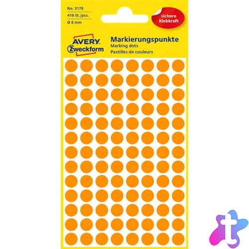 Etikett, 8 mm, kör, AVERY ZWECKFORM, neon narancs, 416 etikett/csomag