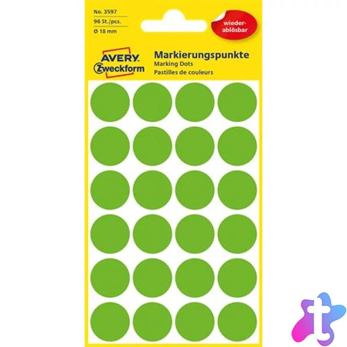 Etikett, 18 mm, kör, eltávolítható, AVERY ZWECKFORM, fűzöld, 96 etikett/csomag