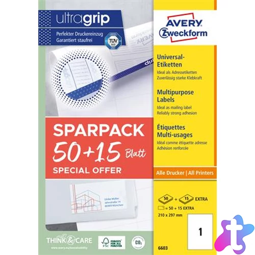 Etikett, univerzális, 210x297 mm, AVERY ZWECKFORM, "Sparpack", 65 etikett/csomag