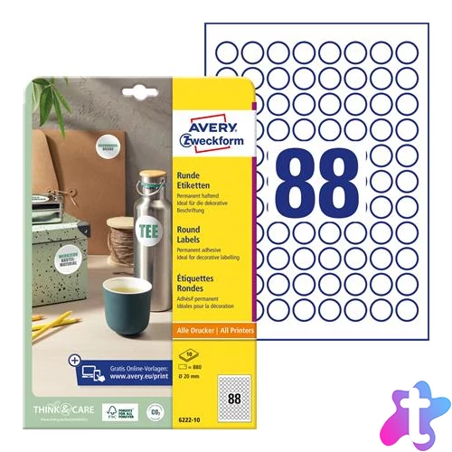 Etikett, univerzális, 20 mm, kör, AVERY ZWECKFORM, 880 etikett/csomag