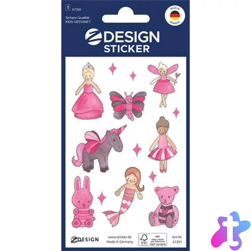 Matrica, papír, 1 ív, 76x120 mm, AVERY ZWECKFORM, "Z-Design No.57391", rózsaszín tündér világ