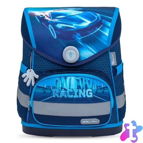 Iskolatáska, mágneszárral, BELMIL "Compact Racing Blue Neon", versenyautó