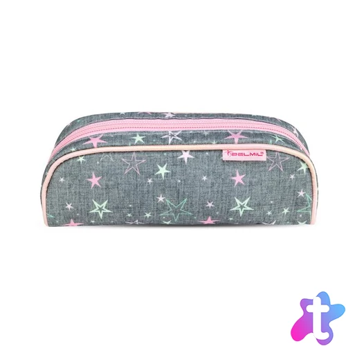 Tolltartó, henger alakú, cipzáras, BELMIL "Shine Bright", szürke-rózsaszín, csillagok