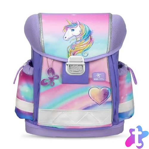 Iskolatáska, fémcsat, BELMIL "Classy Heart of the Rainbow", unikornis