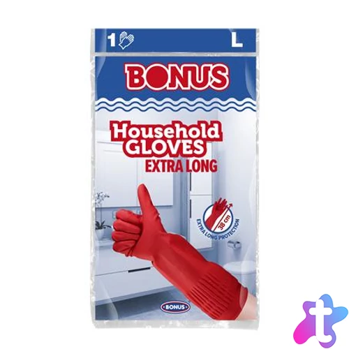 Gumikesztyű, háztartási, latex, extra hosszú, 38 cm, L méret, BONUS, piros