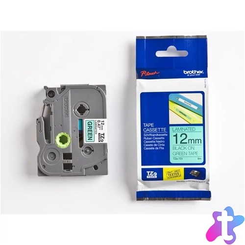 Feliratozógép szalag, 12 mm x 8 m, BROTHER, "TZe-731" zöld-fekete