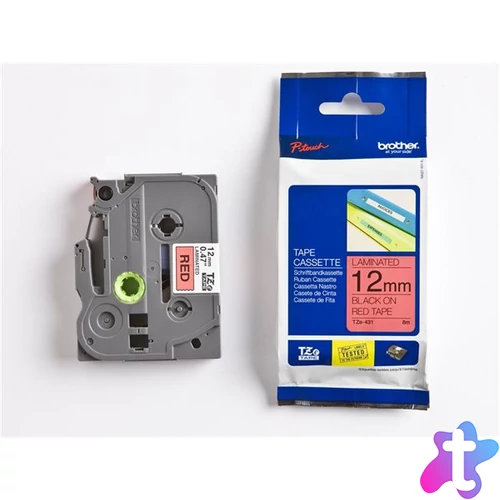 Feliratozógép szalag, 12 mm x 8 m, BROTHER, "TZe-431" piros-fekete