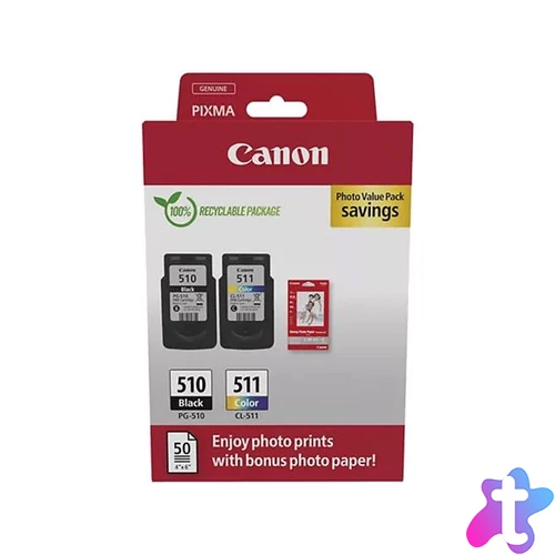 PG510/CL511 Tintapatron multipack + GP-501 fotópapír, Pixma MP240 nyomtatóhoz, CANON, fekete, színes, 220+240 o. + 50 ív