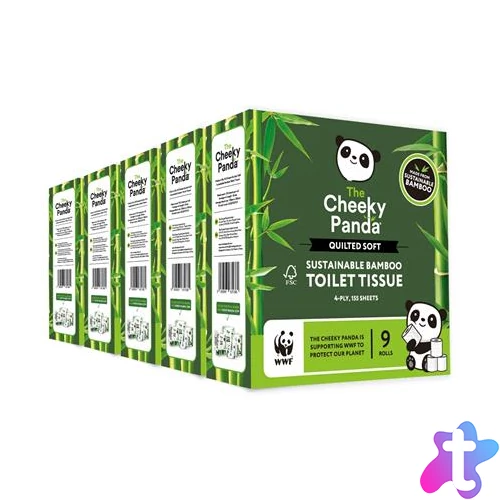 Toalettpapír, bambusz, 3 rétegű, kistekercses, 9 tekercs, CHEEKY PANDA, fehér