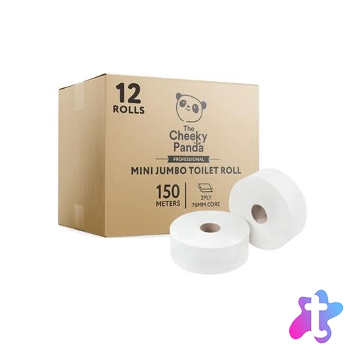 Toalettpapír, bambusz, 2 rétegű, nagytekercses, 18 cm átmérő, 150 m/tekercs, 12 tekercs, CHEEKY PANDA, fehér