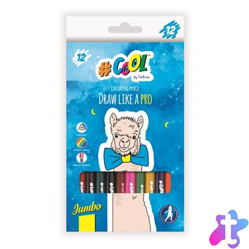 Színes ceruza készlet, háromszögletű, vastag, COOL BY VICTORIA, 12 különböző szín