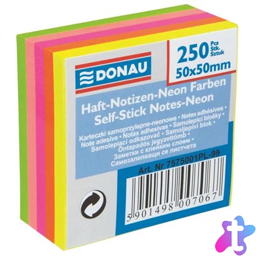 Öntapadó jegyzettömb, 50x50 mm, 5x50 lap, DONAU, neon szín